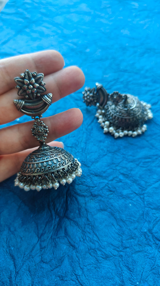 Moonstruck Fashion Jewellery Oxidized Silver Jhumka Earrings with Pearl Fringe - Traditional Indian Chandbali Earrings for Women, Perfect for Weddings, Festive Ethnic Wear