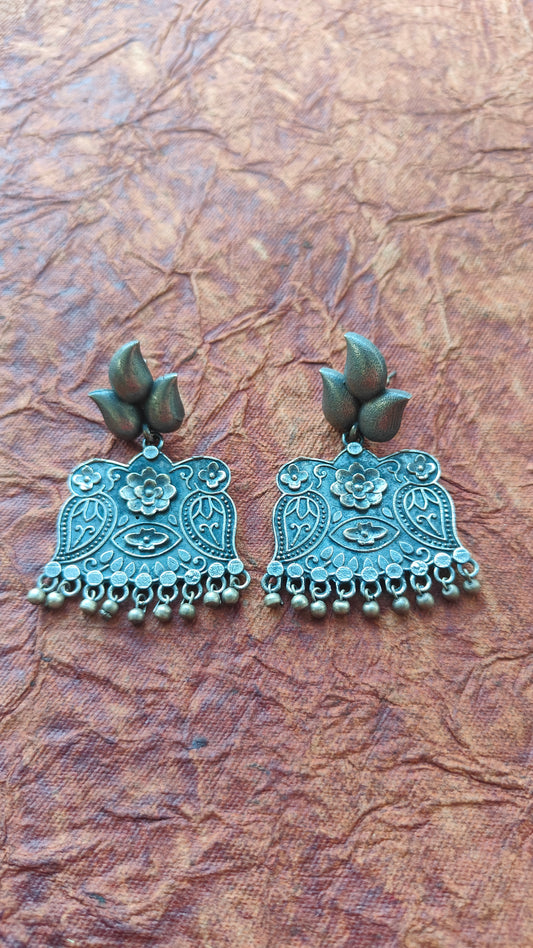 Moonstruck Fashion Jewellery Oxidized Silver Dangle Earrings with Floral Motif - Vintage Statement Earrings for Women, Ideal for Ethnic Outfits, Festivals, Boho Looks