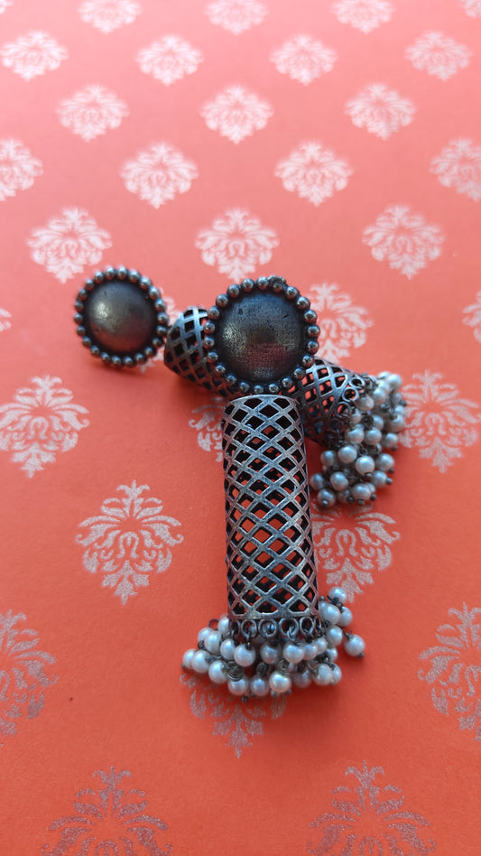 Moonstruck Fashion Jewellery Oxidized Silver Dangle Earrings with Pearl Fringe - Vintage Tribal Earrings for Women, Perfect for Ethnic Outfits, Festivals, Boho Style