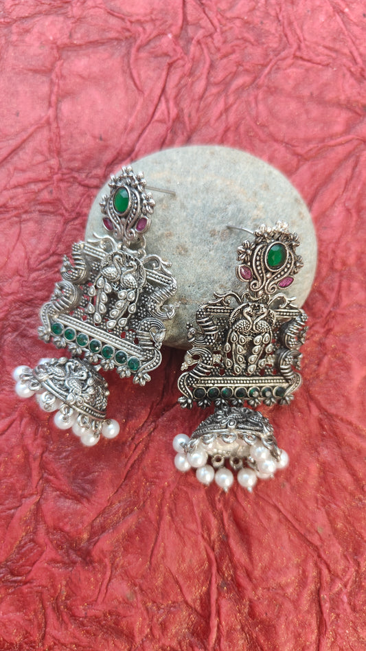 Moonstruck Fashion Jewellery Oxidized Silver Jhumka Earrings with Green & Pink Stones, Pearl Fringe - Traditional Temple Style Peacock Earrings for Women, Ideal for Weddings, Ethnic Wear