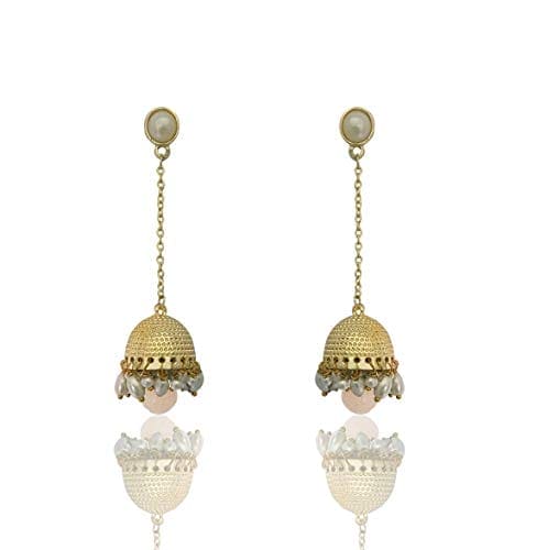 MoonStruck Traditional Non-precious Metal Alloy and Pearl Long Drop Chain Dangler Pearl Jhumka for Women & Girls, White - www.MoonstruckINC.com