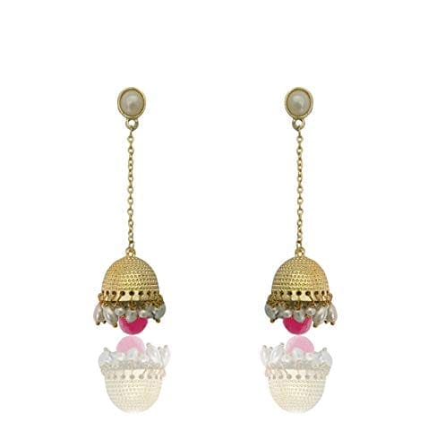 MoonStruck Traditional Non-precious Metal Alloy and Pearl Long Drop Chain Dangler Pearl Jhumka for Women & Girls, Pink - www.MoonstruckINC.com