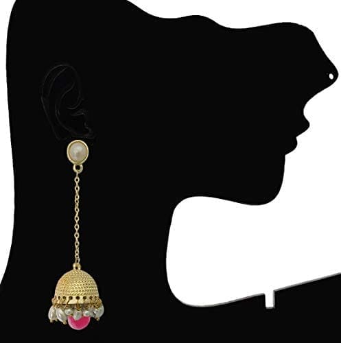 MoonStruck Traditional Non-precious Metal Alloy and Pearl Long Drop Chain Dangler Pearl Jhumka for Women & Girls, Pink - www.MoonstruckINC.com