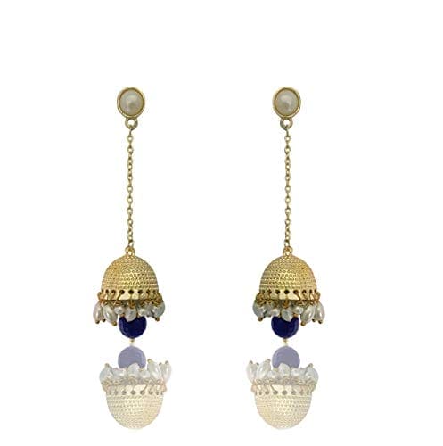 MoonStruck Traditional Non-precious Metal Alloy and Pearl Long Drop Chain Dangler Pearl Jhumka for Women & Girls, Blue - www.MoonstruckINC.com
