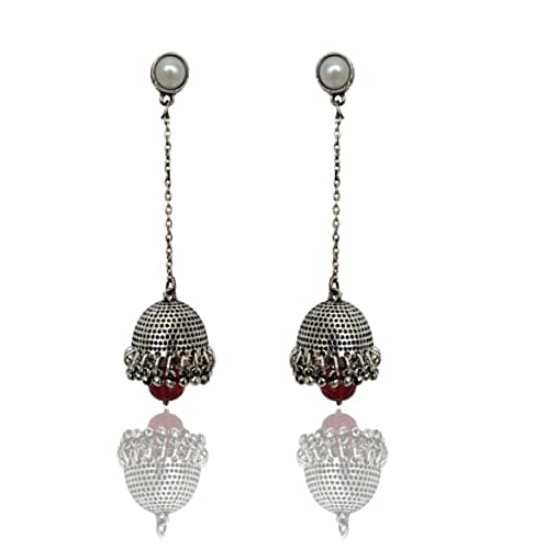Moonstruck Traditional Golden Long Drop Chain Dangler Pearl Jhumka Earring for Women Girls (Oxidized Rani) - www.MoonstruckINC.com