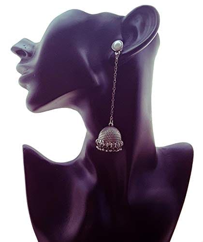 Moonstruck Traditional Oxidised Long Drop Chain Dangler Beaded Jhumka Earring for Women Girls (Oxidised) - www.MoonstruckINC.com