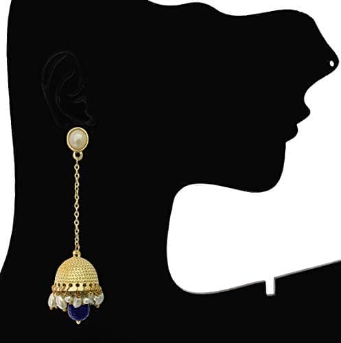 MoonStruck Traditional Non-precious Metal Alloy and Pearl Long Drop Chain Dangler Pearl Jhumka for Women & Girls, Blue - www.MoonstruckINC.com