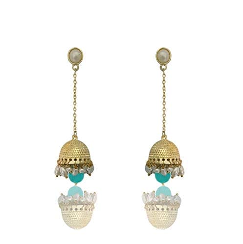 MoonStruck Traditional Non-precious Metal Alloy and Pearl Long Drop Chain Dangler Pearl Jhumka for Women & Girls, Green - www.MoonstruckINC.com