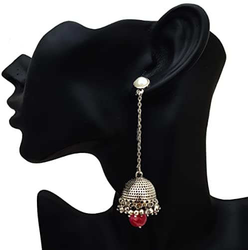 Moonstruck Traditional Golden Long Drop Chain Dangler Pearl Jhumka Earring for Women Girls (Oxidized Rani) - www.MoonstruckINC.com
