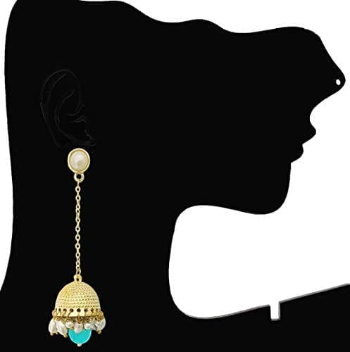 MoonStruck Traditional Non-precious Metal Alloy and Pearl Long Drop Chain Dangler Pearl Jhumka for Women & Girls, Green - www.MoonstruckINC.com