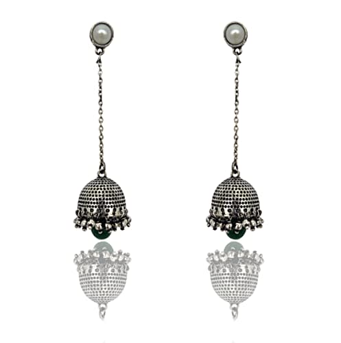 Moonstruck Traditional Golden Long Drop Chain Dangler Pearl Jhumka Earring for Women Girls (Oxidized Emerald) - www.MoonstruckINC.com