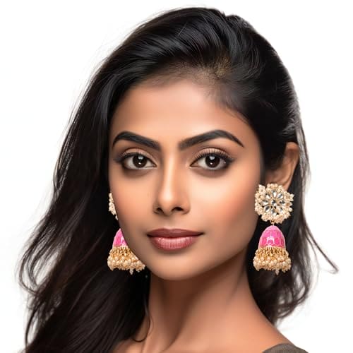 Moonstruck Traditional Indian Dome Shaped Golden Jhumka/Jhumki Earrings with Meenakari & Pearls for Women (Rani Pink) - www.MoonstruckINC.com