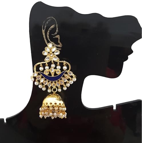 Moonstruck Traditional Indian Dome Shaped Lightweight Golden Jhumka/Jhumki Dangle Drop Earrings with Meenakari & Pearls for Women (Blue) - www.MoonstruckINC.com