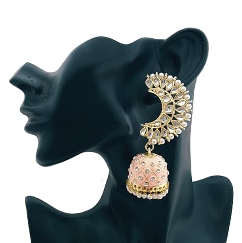 Moonstruck Traditional Inidian Golden Meenakari Jhumka/Jhumki Earrings With Pearls for Women (Peach) - www.MoonstruckINC.com