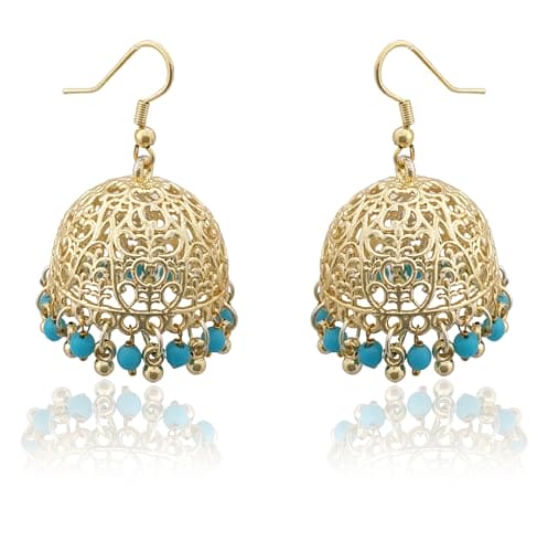 Moonstruck Traditional Indian Golden Jhumka Earrings for Women/Golden Ethnic Jhumki Earrings with Turquoise Beads (Turquoise) - www.MoonstruckINC.com