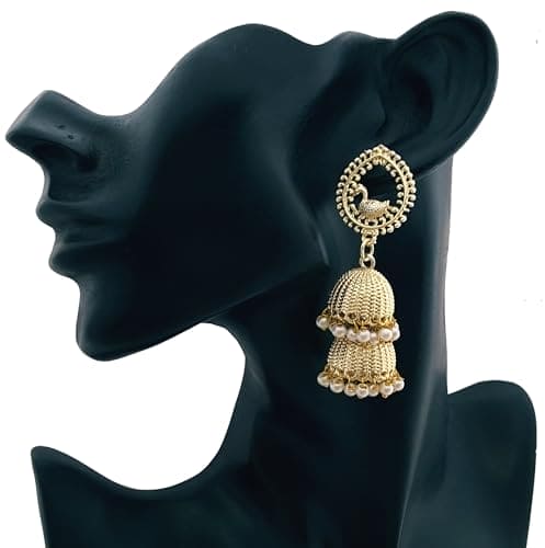Moonstruck Bollywood Traditional Indian Gold/Golden Jhumka/Jhumki Earrings With Pearls Peacock Style For Women - www.MoonstruckINC.com