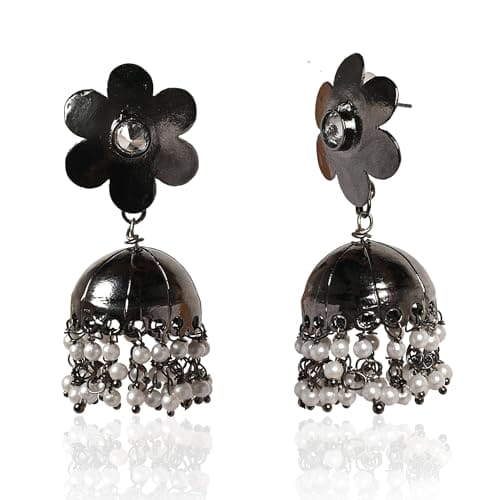 Moonstruck Traditional Indian Dome Shaped Floral Lightweight Oxidised Jhumka/Jhumki Earrings With Pearls for Women (Oxidised) - www.MoonstruckINC.com