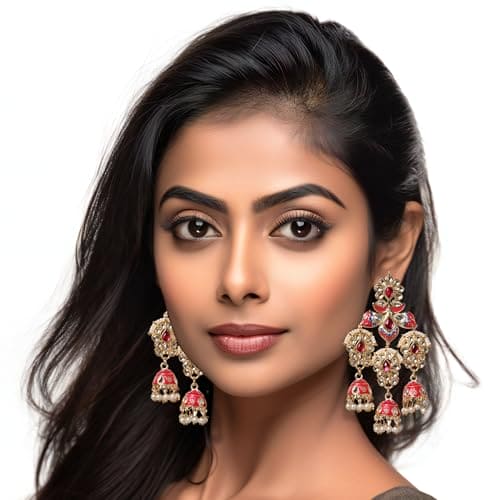 Moonstruck Traditional Indian Golden Chandbali/bali Jhumka Earrings with Meenakari & Pearls for Women (Rani Pink) - www.MoonstruckINC.com
