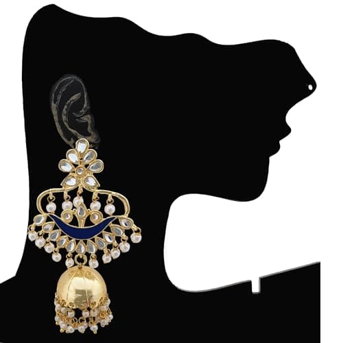 Moonstruck Traditional Indian Dome Shaped Lightweight Golden Jhumka/Jhumki Dangle Drop Earrings with Meenakari & Pearls for Women (Blue) - www.MoonstruckINC.com