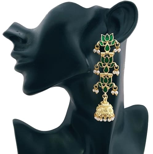 Moonstruck Traditional Indian Golden Meenakari Jhumka/Jhumki Earrings With Pearls for Women (Emerald Green) - www.MoonstruckINC.com