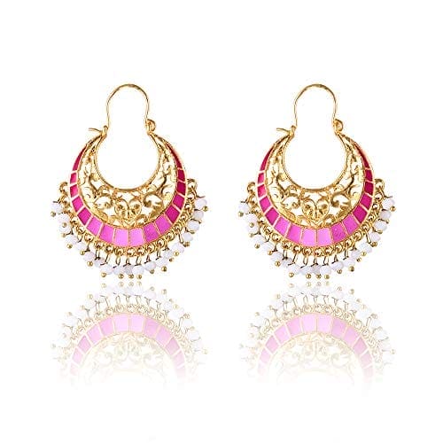 Moonstruck Traditional Indian Gold Plated Alloy Meenakari Chandbali Hoop Earrings for Women (Pink) - www.MoonstruckINC.com
