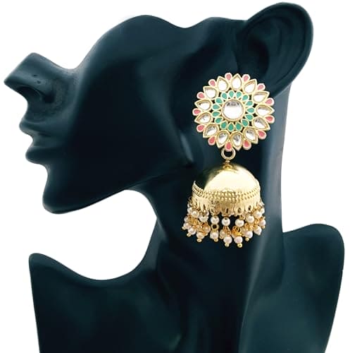 Moonstruck Traditional Inidian Golden Jhumka/Jhumki Earrings With Pearls for Women (Green, Pink) - www.MoonstruckINC.com