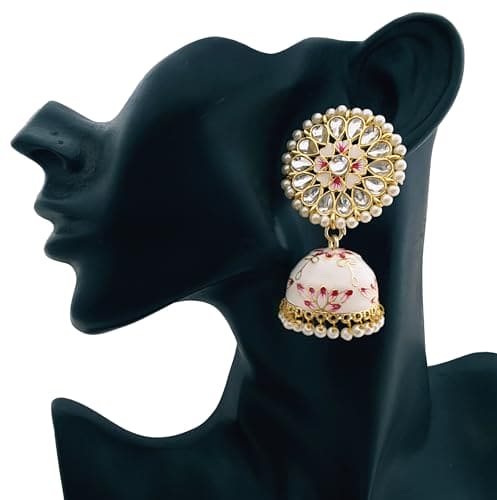 Moonstruck Traditional Indian Dome Shaped Lightweight Golden Jhumka/Jhumki Dangle Drop Earrings with Meenakari & Pearls for Women (White & Pink) - www.MoonstruckINC.com