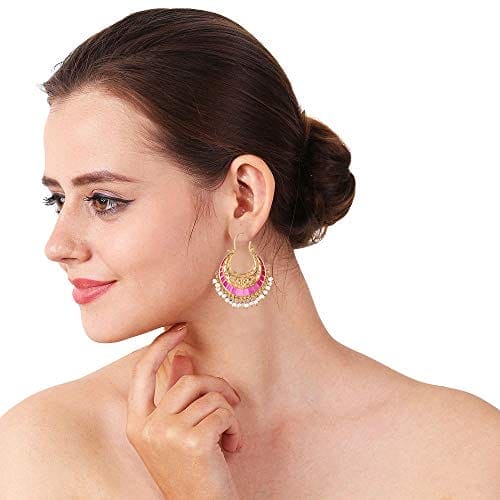 Moonstruck Traditional Indian Gold Plated Alloy Meenakari Chandbali Hoop Earrings for Women (Pink) - www.MoonstruckINC.com