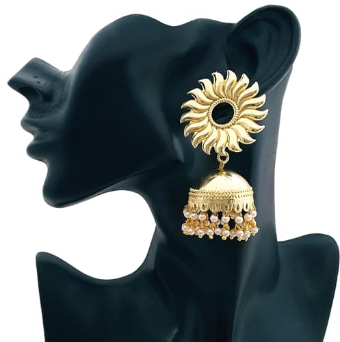 Moonstruck Traditional Indian Golden Sun Jhumka/Jhumki Earrings With Pearls for Women (Gold) - www.MoonstruckINC.com