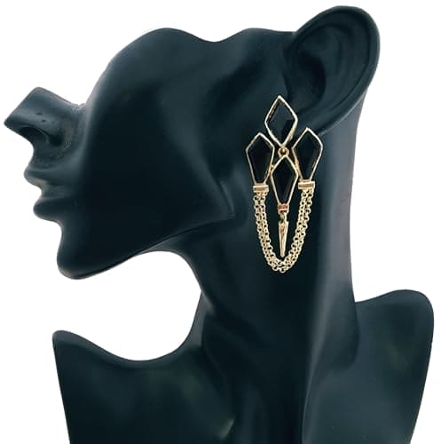 Moonstruck Golden Spike Statement Lightweight Chain Dangle Stone Earrings (Black) - www.MoonstruckINC.com