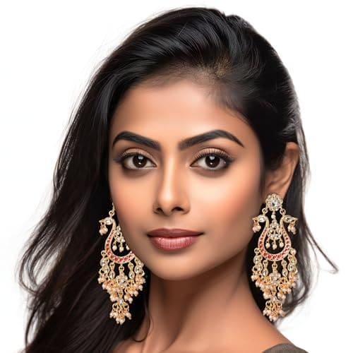 Moonstruck Golden/Gold Chandbali/Bali Dangle Earrings with Kundan & Pearls - Elevate Your Ethnic Indian Glamour look for Women & Girls - www.MoonstruckINC.com