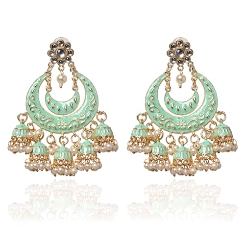 Moonstruck Golden/Gold Chandbali/Bali Dangle Earrings with Kundan,Meenakari & Pearls - Elevate Your Ethnic Indian Glamour look for Women & Girls - www.MoonstruckINC.com