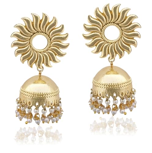 Moonstruck Traditional Indian Golden Sun Jhumka/Jhumki Earrings With Pearls for Women (Gold) - www.MoonstruckINC.com