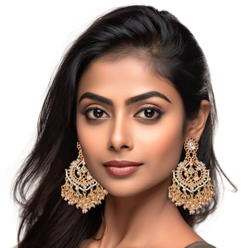 Moonstruck Golden/Gold Chandbali/Bali Dangle Earrings with Kundan & Pearls - Elevate Your Ethnic Indian Glamour look for Women & Girls - www.MoonstruckINC.com