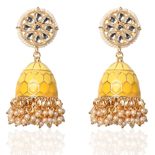 Moonstruck Traditional Indian Dome Shaped Golden Jhumka/Jhumki Earrings with Meenakari & Pearls for Women (Yellow) - www.MoonstruckINC.com