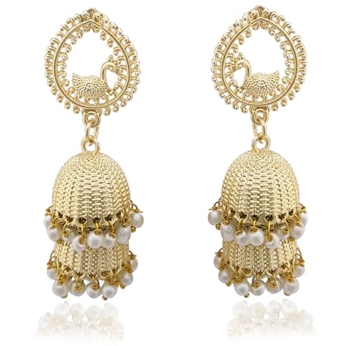 Moonstruck Bollywood Traditional Indian Gold/Golden Jhumka/Jhumki Earrings With Pearls Peacock Style For Women - www.MoonstruckINC.com