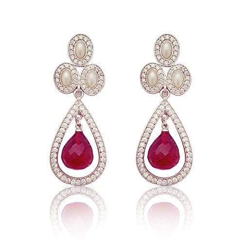 Moonstruck Silver Dangle Drop AD Stone Earrings (Red & Pearl) - www.MoonstruckINC.com