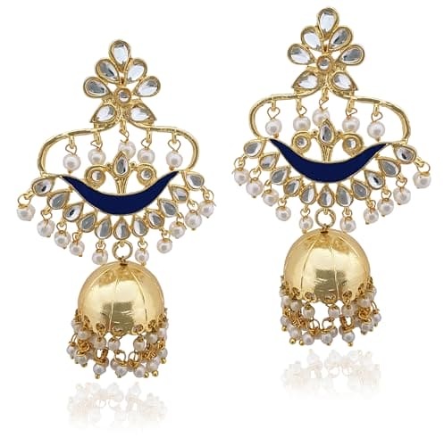 Moonstruck Traditional Indian Dome Shaped Lightweight Golden Jhumka/Jhumki Dangle Drop Earrings with Meenakari & Pearls for Women (Blue) - www.MoonstruckINC.com