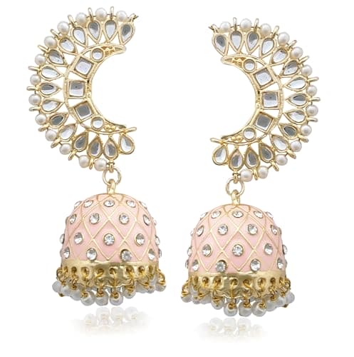 Moonstruck Traditional Inidian Golden Meenakari Jhumka/Jhumki Earrings With Pearls for Women (Peach) - www.MoonstruckINC.com