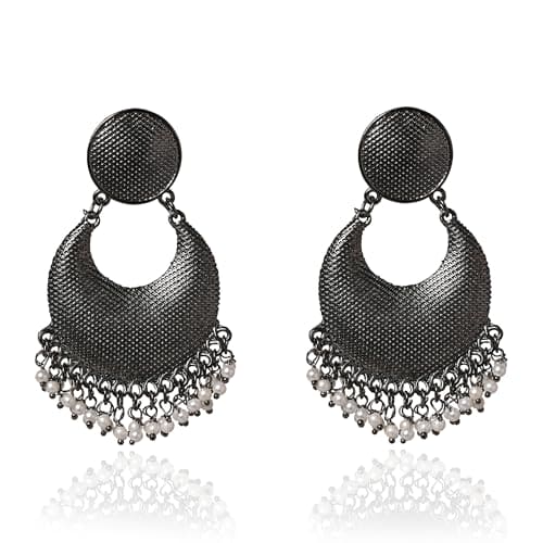 Moonstruck Antique Silver Oxidized Lightweight Traditional Stylish Indian Bollywood Chandbali Dangle Earrings with Pearls for Women - www.MoonstruckINC.com