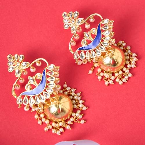 Moonstruck Traditional Indian Dome Shaped Lightweight Golden Jhumka/Jhumki Dangle Drop Earrings with Meenakari & Pearls for Women (Blue) - www.MoonstruckINC.com