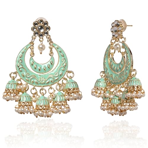 Moonstruck Golden/Gold Chandbali/Bali Dangle Earrings with Kundan,Meenakari & Pearls - Elevate Your Ethnic Indian Glamour look for Women & Girls - www.MoonstruckINC.com