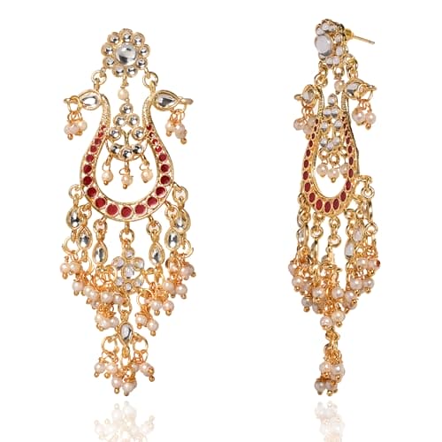 Moonstruck Golden/Gold Chandbali/Bali Dangle Earrings with Kundan & Pearls - Elevate Your Ethnic Indian Glamour look for Women & Girls - www.MoonstruckINC.com