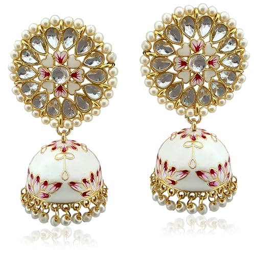 Moonstruck Traditional Indian Dome Shaped Lightweight Golden Jhumka/Jhumki Dangle Drop Earrings with Meenakari & Pearls for Women (White & Pink) - www.MoonstruckINC.com