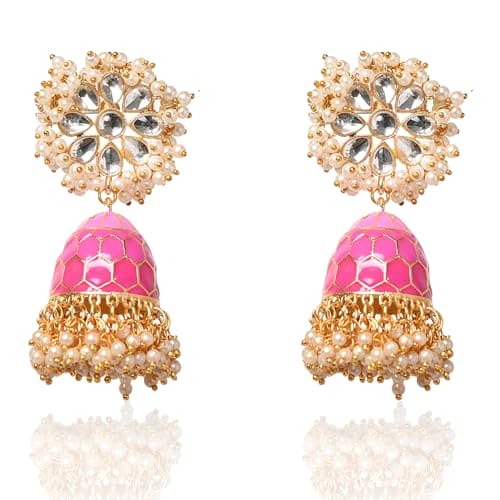 Moonstruck Traditional Indian Dome Shaped Golden Jhumka/Jhumki Earrings with Meenakari & Pearls for Women (Rani Pink) - www.MoonstruckINC.com