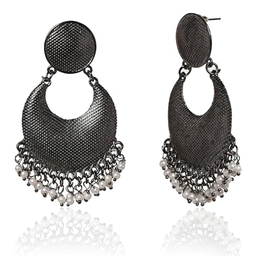 Moonstruck Antique Silver Oxidized Lightweight Traditional Stylish Indian Bollywood Chandbali Dangle Earrings with Pearls for Women - www.MoonstruckINC.com