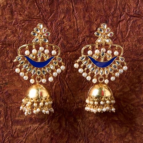 Moonstruck Traditional Indian Dome Shaped Lightweight Golden Jhumka/Jhumki Dangle Drop Earrings with Meenakari & Pearls for Women (Blue) - www.MoonstruckINC.com