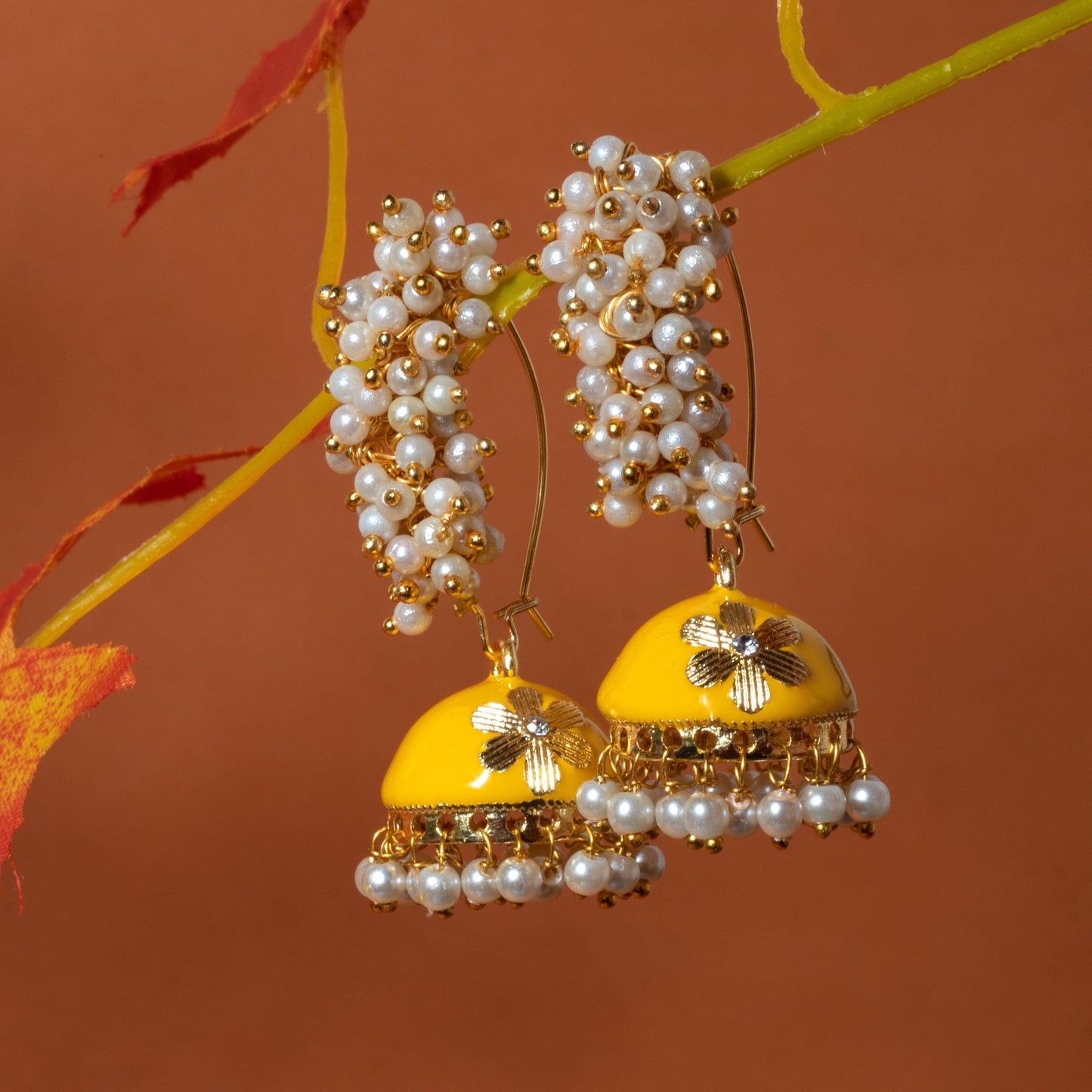 Moonstruck Girls/Women's Non-Precious Base Metal and Pearl Jhumki Earrings (Yellow) - www.MoonstruckINC.com