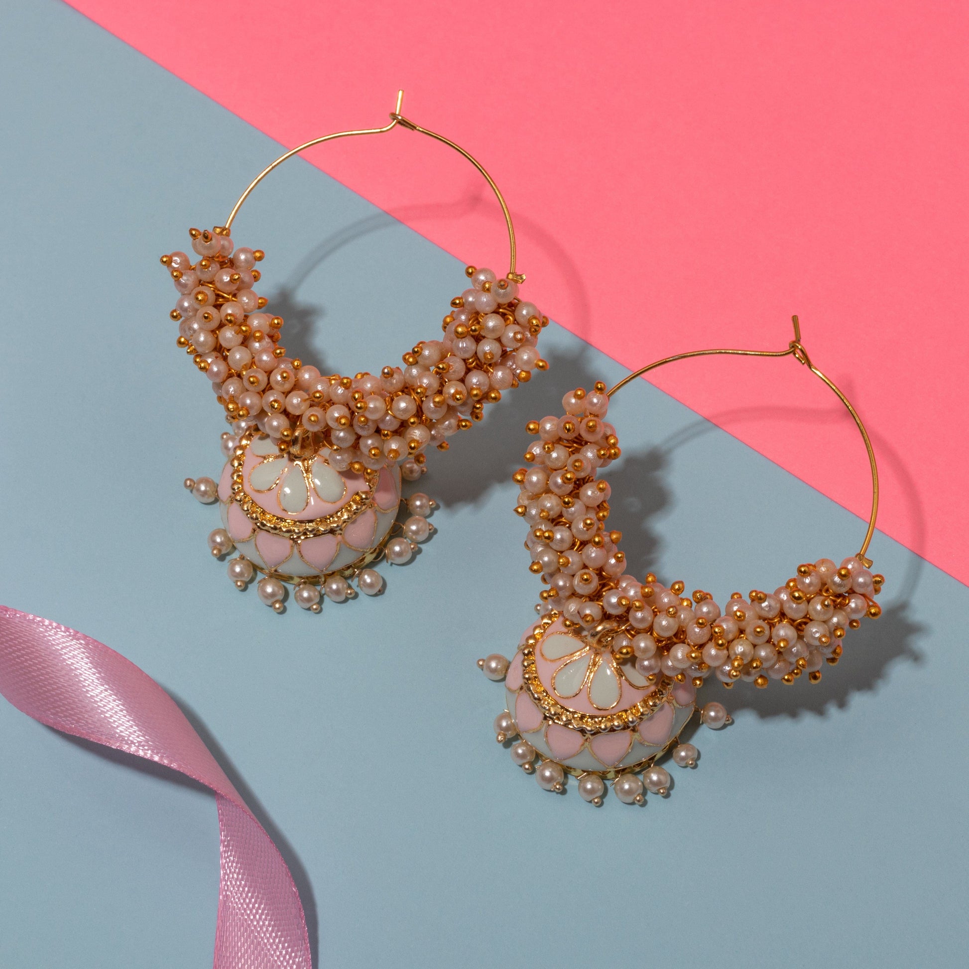Moonstruck Gold Pearl Hoops Fashion Earrings For Women (Pink) - www.MoonstruckINC.com