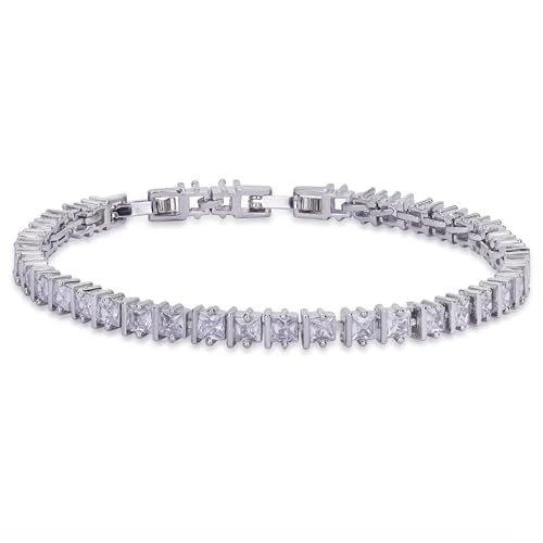Moonstruck Fashion Jewellery Cubic Zirconia Silver Tennis Bracelet with Princess Cut Stones - Elegant Statement Women Jewelry for Party, Wedding, Evening Wear, Secure Design